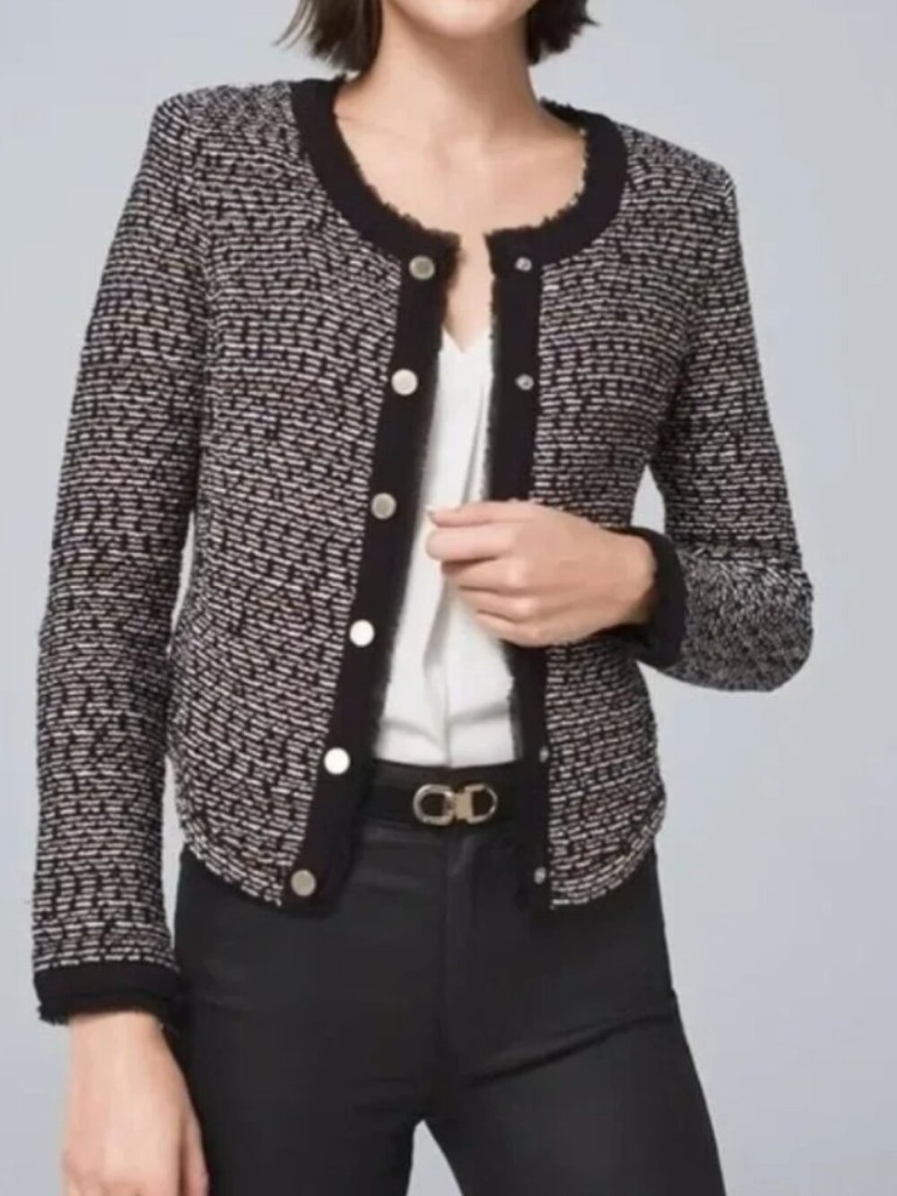 White House Black Market Tweed Cardigan Small Black Brown Old Money Workwear